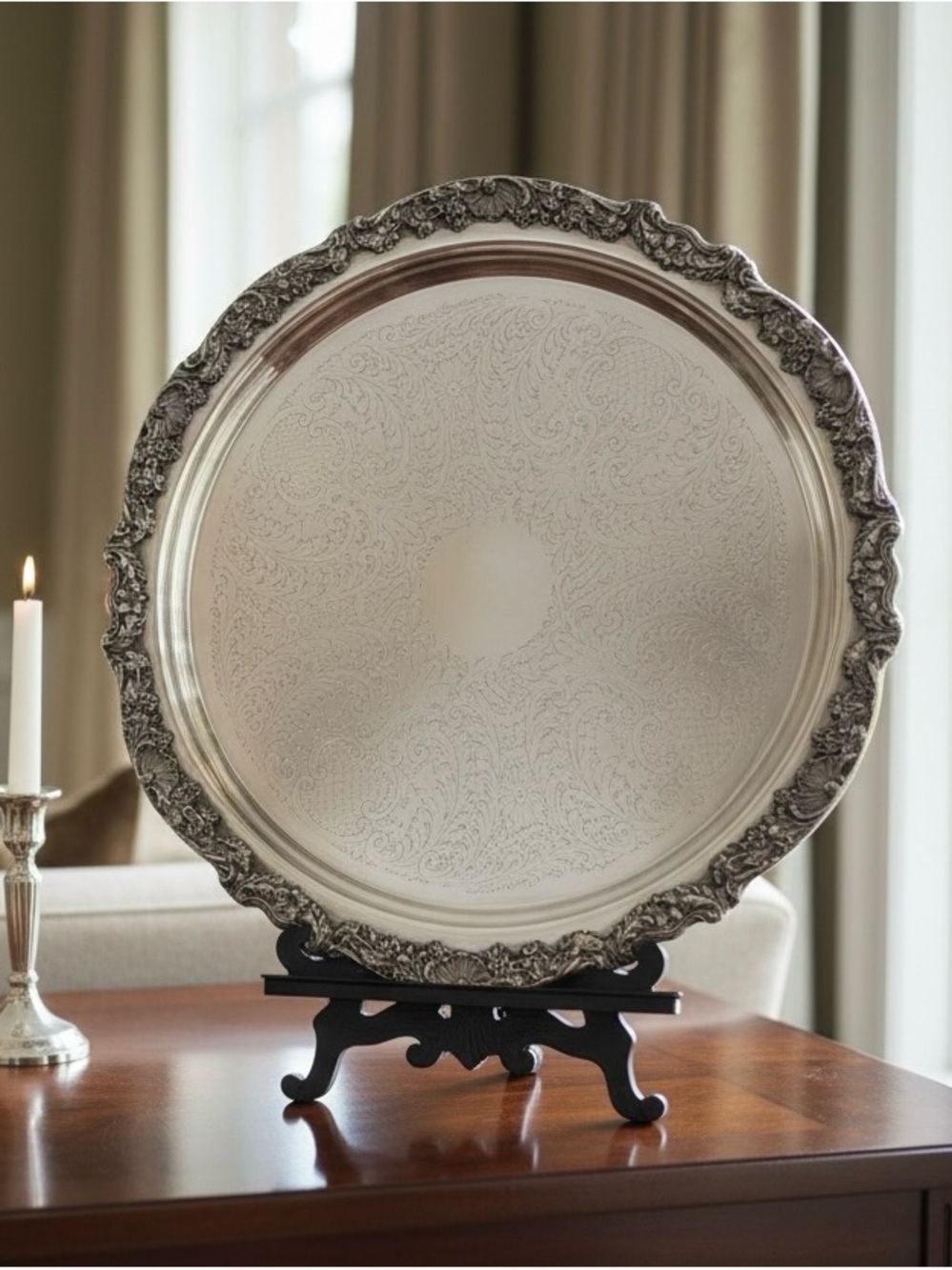 Vtg FB Rogers 19” Silver Plate Round Serving Tray Elegant Ornate Decor Accent